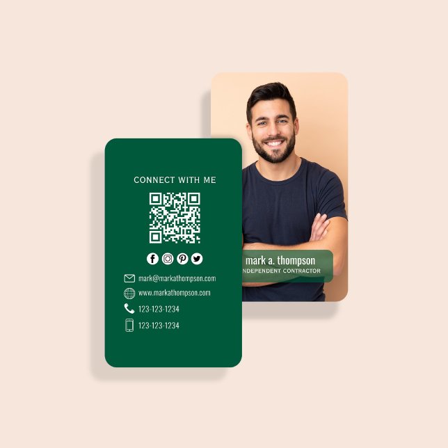 Carte De Visite Dark Green Photo QR Code Connect With Me (Dark green QR code card with photo and clean modern contact layout)