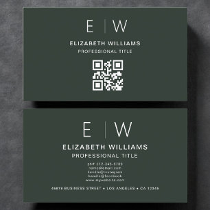 Carte De Visite Dark Green QR Code Monogramme minimaliste moderne