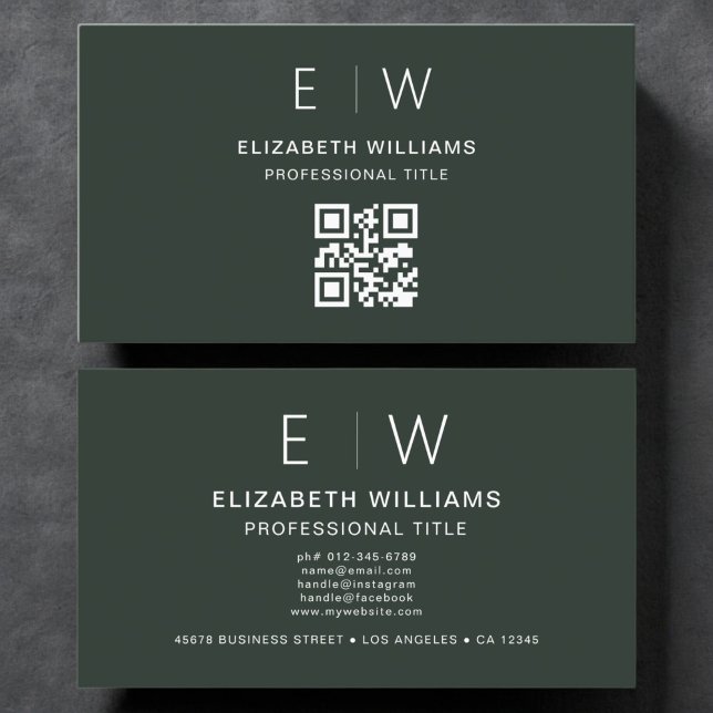 Carte De Visite Dark Green QR Code Monogramme minimaliste moderne (Créateur téléchargé)