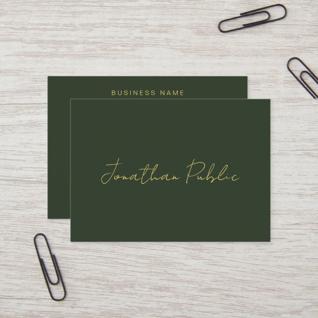 Carte De Visite Dark Green Stylish Hand Script Gold Text Template (Devant/Arrière en situation)