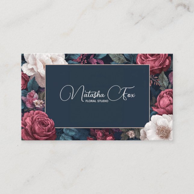 Carte De Visite Dark Victorian Rose Floral Navy Blue Frame (Devant)