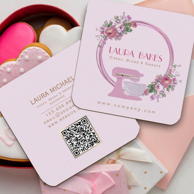 Carte de visite de boulangerie florale | Logo du m (Floral Bakery Business Card | Pink Mixer Logo #zazzlemade #pinkgoldflowers #watercolorflowers)