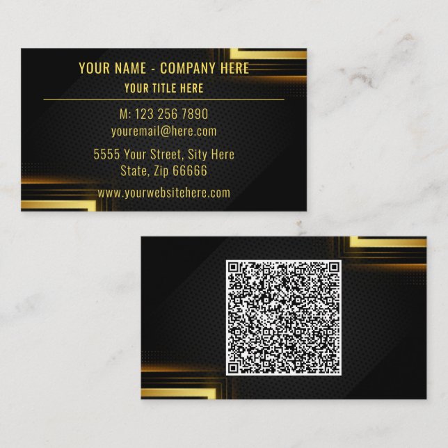 Carte de visite de code QR noir doré personnalisé (Devant / Derrière)