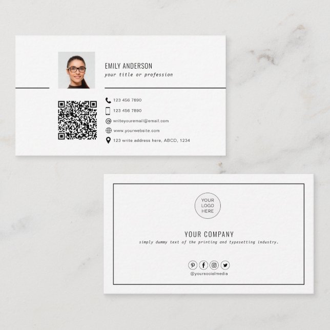 Carte de visite de code QR simple avec photo, prop (Devant / Derrière)