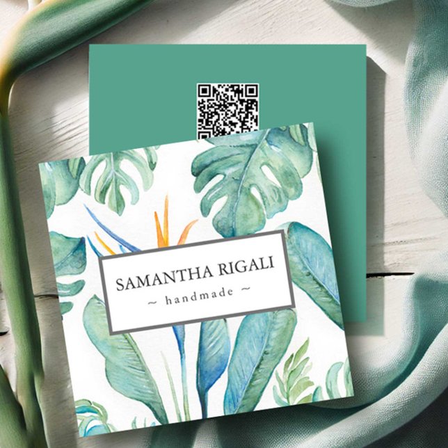 Carte de visite de code QR tropical - Fleur tropic (Business cards tropical floral and monstera palm leaf watercolor art by Victoria Grigaliunas)