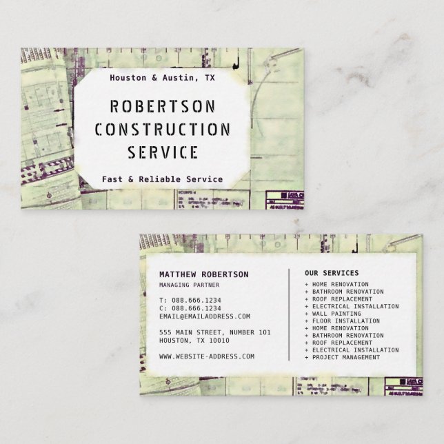 Carte de visite de construction - Plan de construc (Devant / Derrière)
