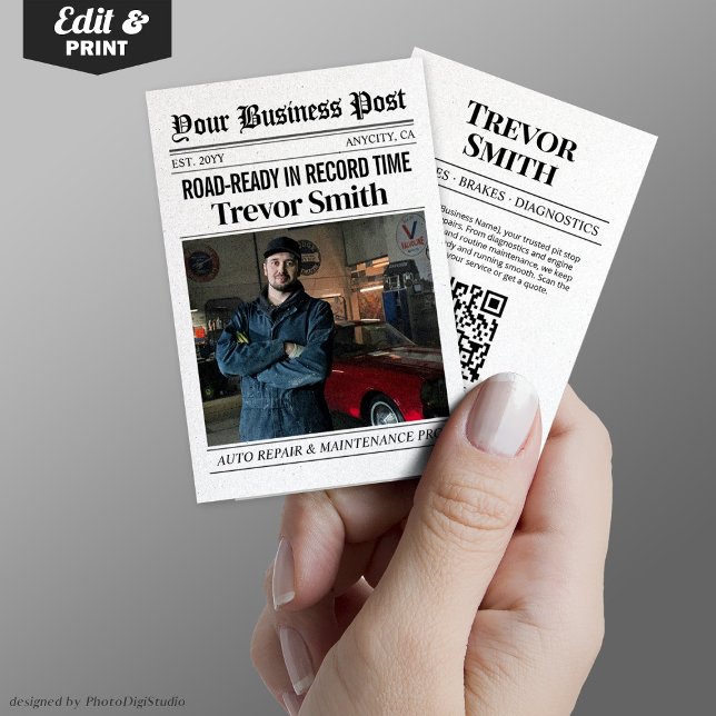 Carte de visite de journal, Auto Réparer voiture M (Newspaper Business Card, Auto Repair Car Mechanic Calling Card)