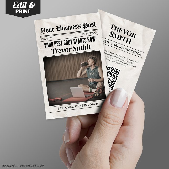 Carte de visite de journal, entraîneur de conditio (Newspaper Business Card, Personal Fitness Coach Calling Card)