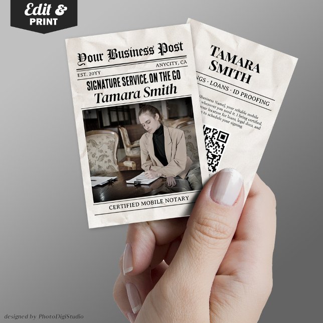 Carte de visite de journal, notaire mobile certifi (Newspaper Business Card, Certified Mobile Notary Calling Card)