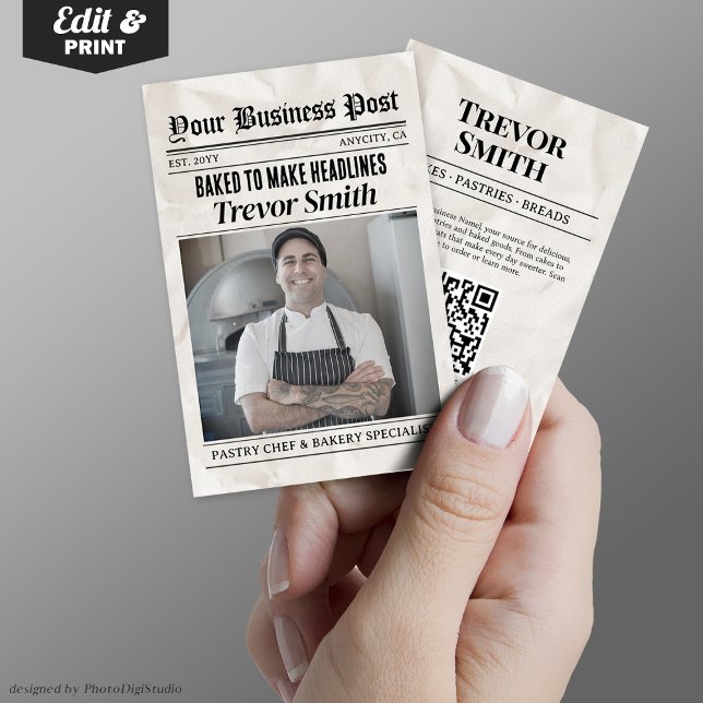 Carte de visite de journaux, chef pâtissier et bou (Newspaper Business Card, Pastry Chef & Baker Calling Card)