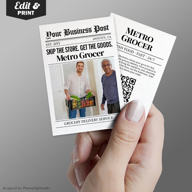 Carte de visite de journaux, Service de livraison  (Newspaper Business Card, Grocery Delivery Service Calling Card)