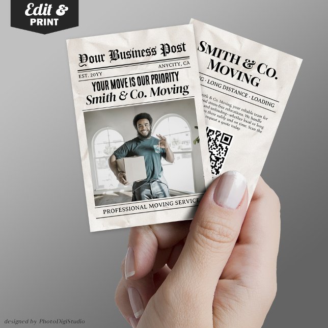 Carte de visite de journaux, services d'emballage  (Newspaper Business Card, Packing & Moving Services Calling Card)