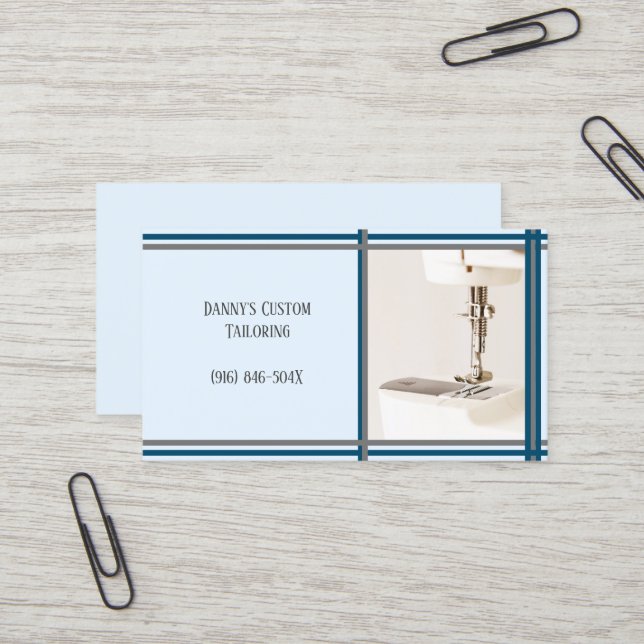 Carte de visite de la machine à coudre Blue Tailor (Devant/Arrière en situation)