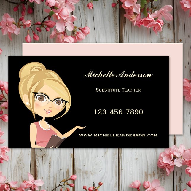 Carte de visite de l'enseignement enseignant (Cute cartoon business card featuring a lady with a book. Great for a teacher or substitute teacher.)