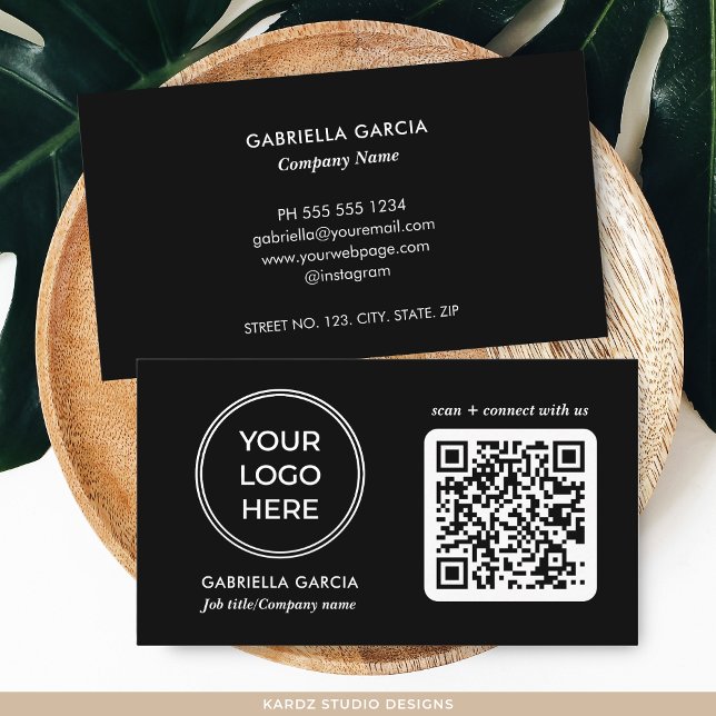 Carte de visite de logo de code QR noir moderne (Add your logo and business contact information. Enter URL to create QR Code)