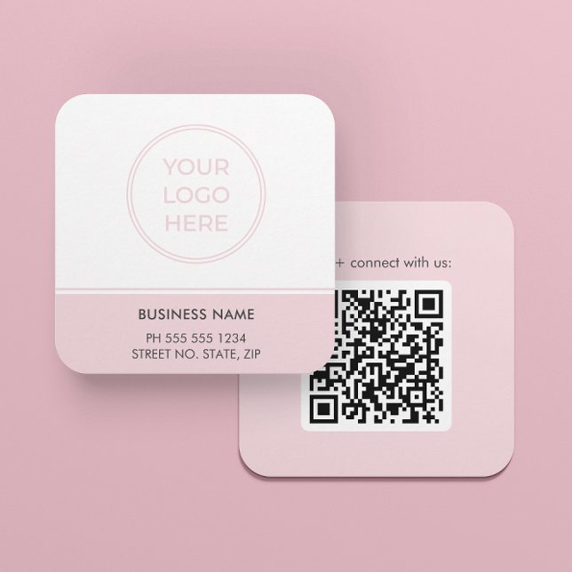 Carte de visite de logo de code QR rose moderne (Front and back shown. Square card, 2.5 inches. Choose size, corner, and paper style.)
