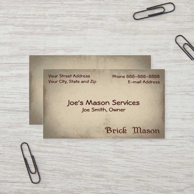 Carte de visite de maçonnerie Brick Mason (Devant/Arrière en situation)