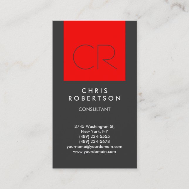 Carte de visite de monogramme gris-rouge tendance (Devant)