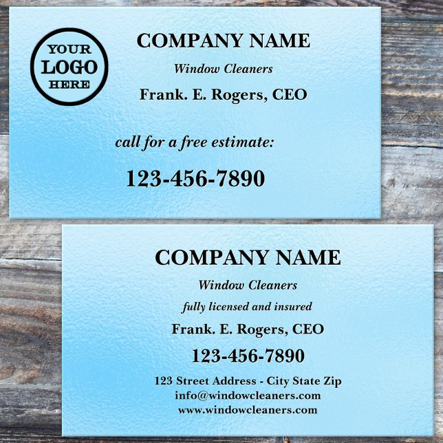 Carte de visite de nettoyage de fenêtre en verre b (Professional window cleaner business card featuring a blue frosted glass design)