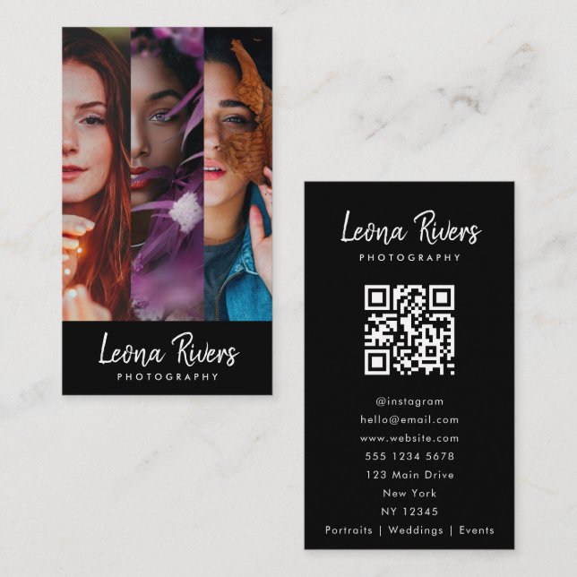 Carte de visite de photographe à code QR à trois p (Devant / Derrière)
