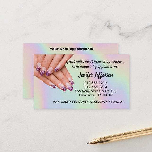 Carte de visite de rendez-vous du salon Nail (Devant/Arrière en situation)