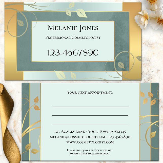 Carte de visite de rendez-vous Feuilles Gold Mint  (Professional business card featuring a geometric design with swirling leaves on mint green and gold)