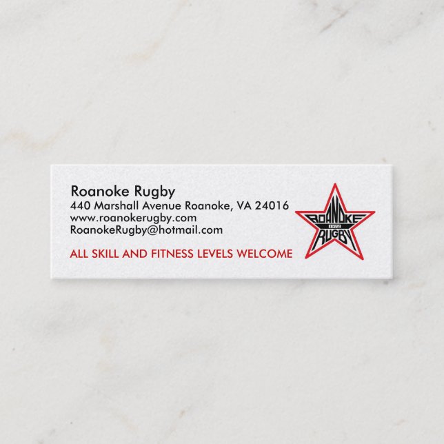 CARTE DE VISITE DE RUGBY DE ROANOKE (Devant)
