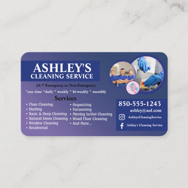 carte de visite de service de nettoyage bleu (Devant)