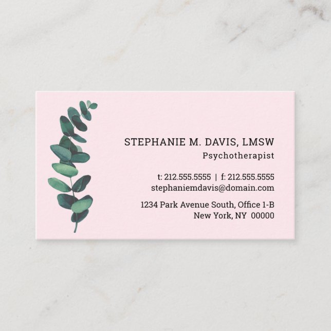 Carte de visite de thérapie Eucalyptus Blush Pink (Devant)