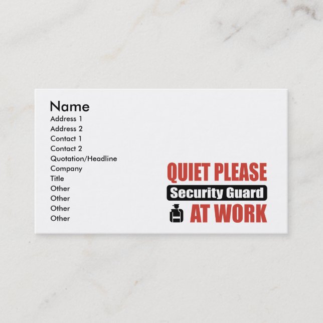 Carte De Visite De tranquillité garde de sécurité svp au travail (Devant)