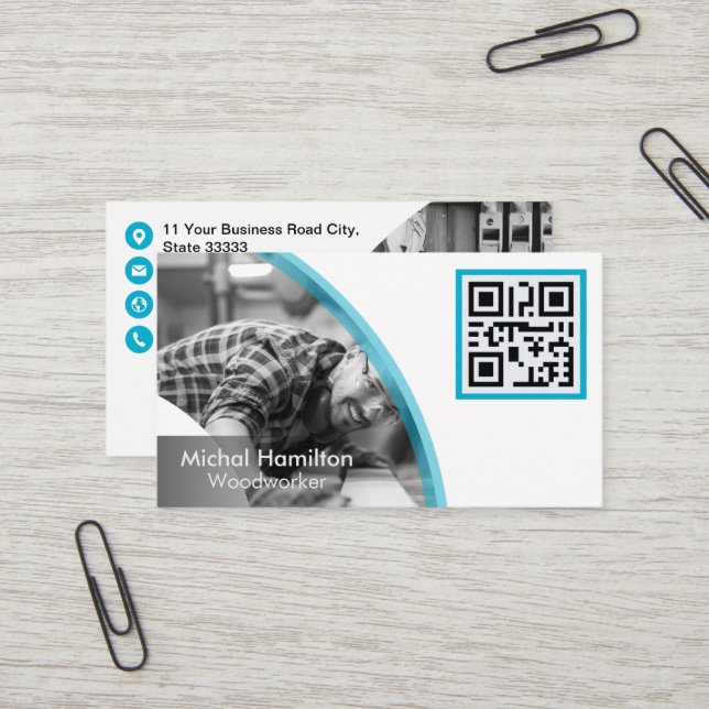 Carte de visite de travail du bois bleu moderne (Devant/Arrière en situation)