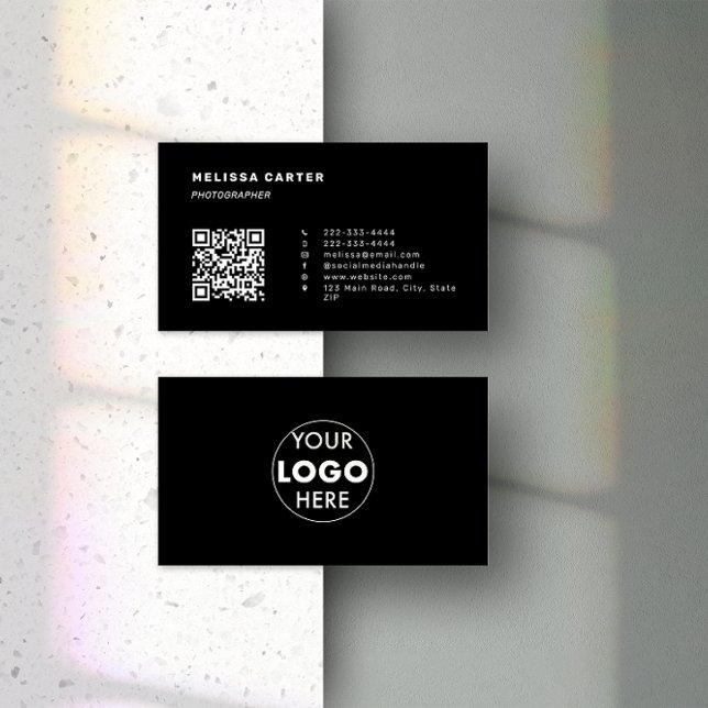 Carte De Visite Debout ! | Easy QR Code & Logo | Noir | Minimal (Front & back of a black minimalist business card design which features customisable QR Code & logo.)