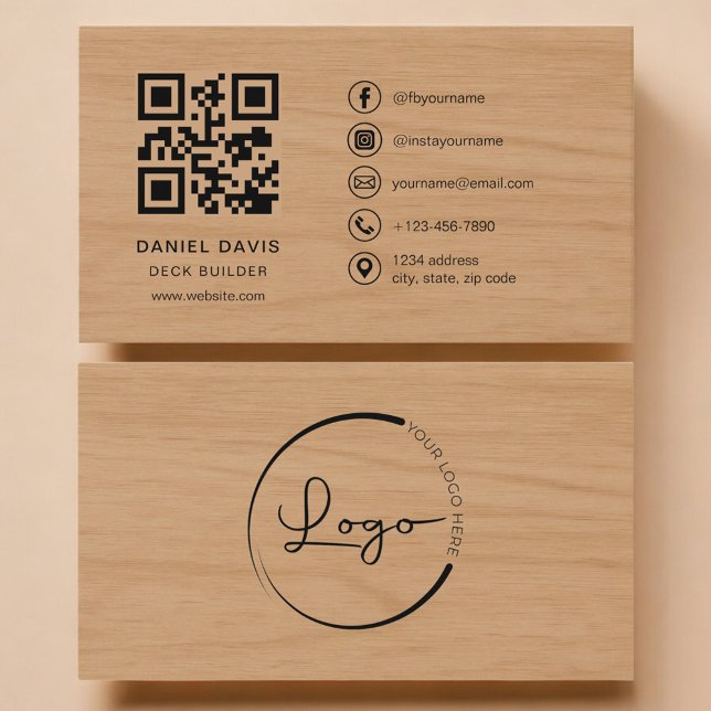 Carte De Visite Deck Builder Wood Professional QR Code (Créateur téléchargé)