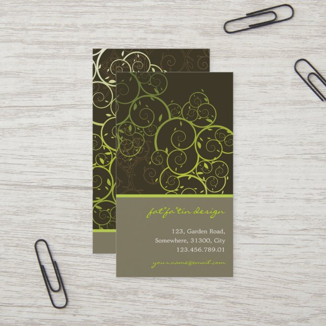Carte De Visite Déco ornementale Verte Vignes Spirales Motif Natur (Devant/Arrière en situation)