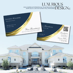 Carte De Visite Décor bleu et blanc or avec code QR élégant