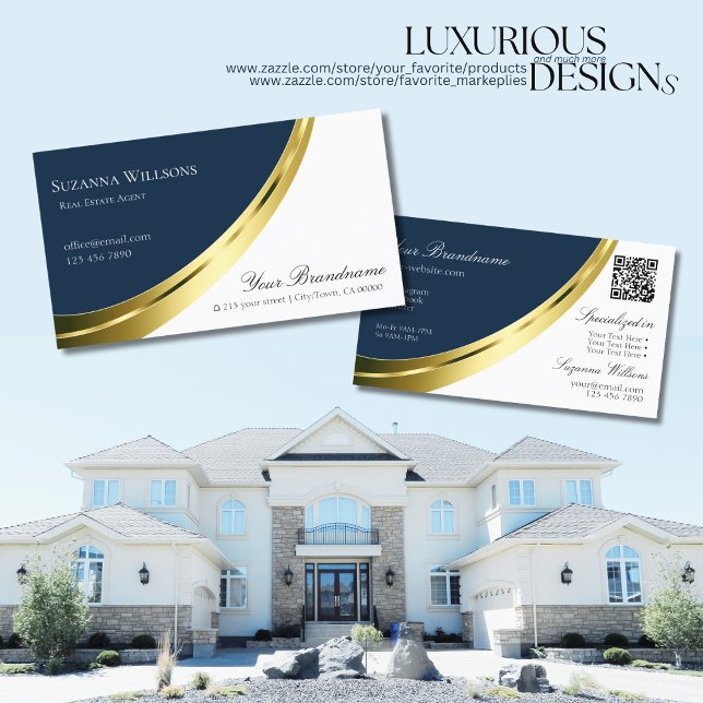 Carte De Visite Décor bleu et blanc or avec code QR élégant (Créateur téléchargé)