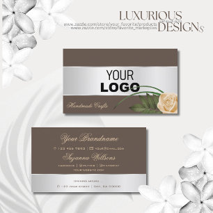 Carte De Visite Décor Brown et Argent Joli Fleur Rose avec logo
