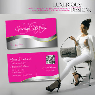 Carte De Visite Décor en argent rose chaud avec initiales QR Code