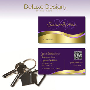 Carte De Visite Décor Royal violet en or avec initiales Code QR