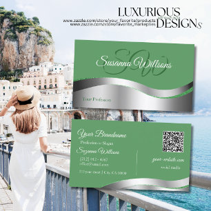 Carte De Visite Décor shamrock vert Wavy Argent Initiales Code QR