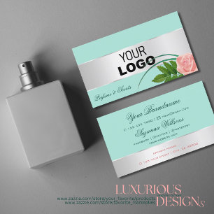 Carte De Visite Décor turquoise Argent Superbe Fleur Rose avec log
