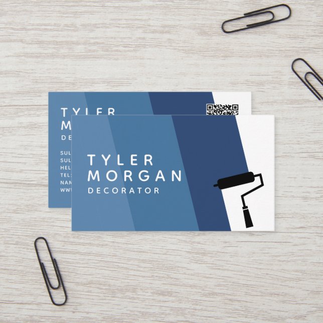 Carte De Visite Décorateur de code QR Bleu (Devant/Arrière en situation)