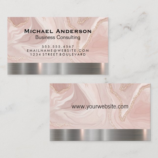 Carte De Visite Découpe métallique en argent | Marbre rose Gold Fl (Devant / Derrière)