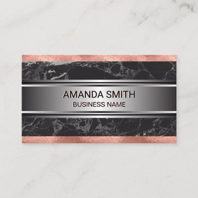 Carte De Visite Découpe rose Gold Foil | Noir Marbre Argent Métall (Devant)
