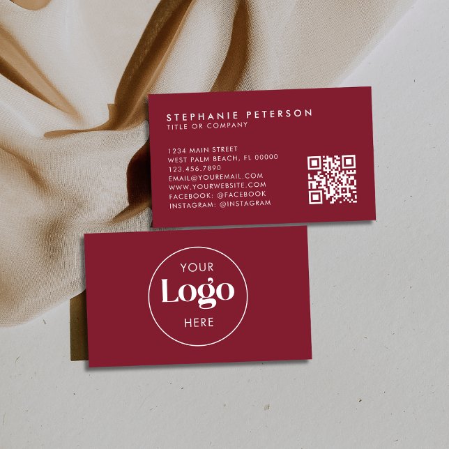 Carte De Visite Deep Burgundy Elegant Custom Company Logo QR Code (Créateur téléchargé)