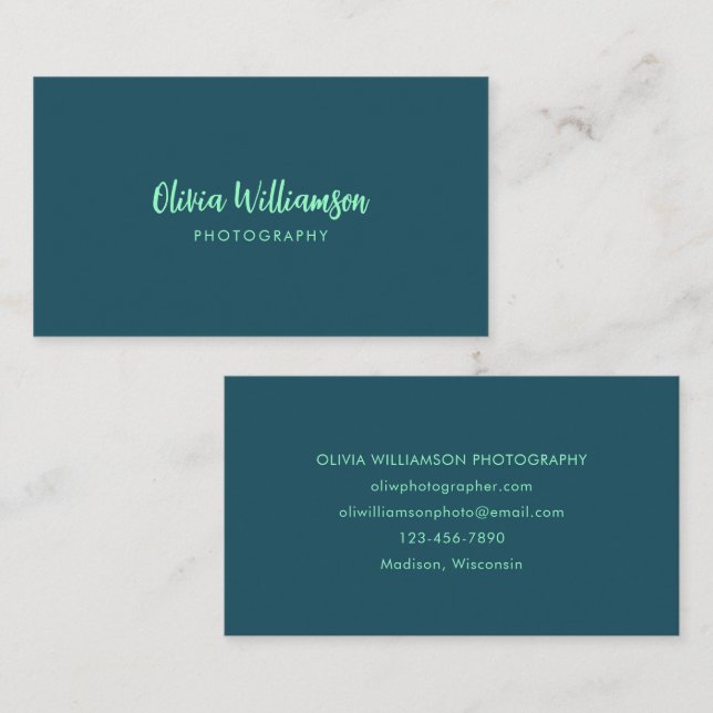 Carte De Visite Deep Teal Mint Script Name Minimalist Creative (Devant / Derrière)