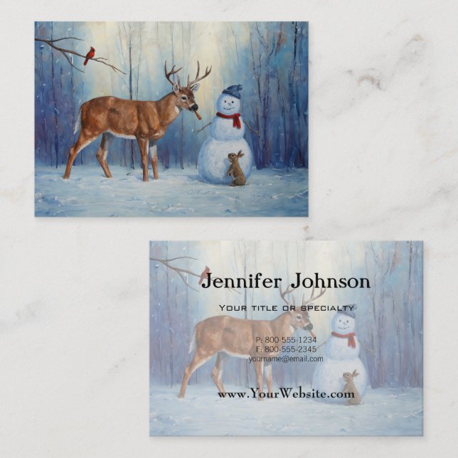Carte De Visite Deer et Happy Snowman hiver de vacances scène (Devant / Derrière)