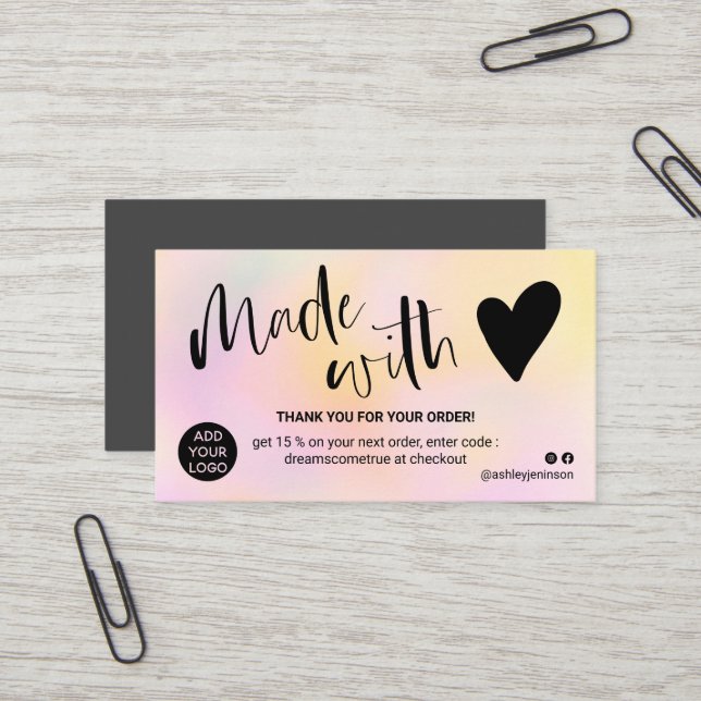 Carte De Visite dégradé rose jaune merci fait avec amour (Devant/Arrière en situation)
