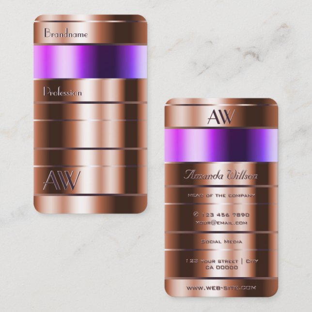 Carte De Visite Dégradé rose or et rose pourpre avec initiales (Devant / Derrière)