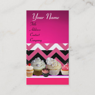 CARTE DE VISITE DÉLICIEUX CUPCAKES DESERT SHOP ROSE CHEVRON BLANC
